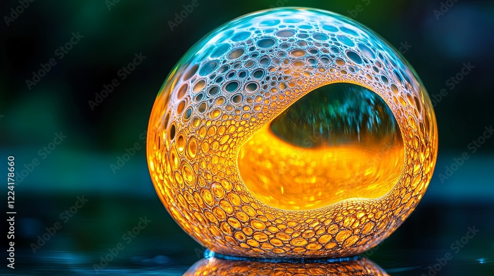 Poster morphing glowing sphere with vibrant fractal patterns transforms and pulsates in mesmerizing motion 