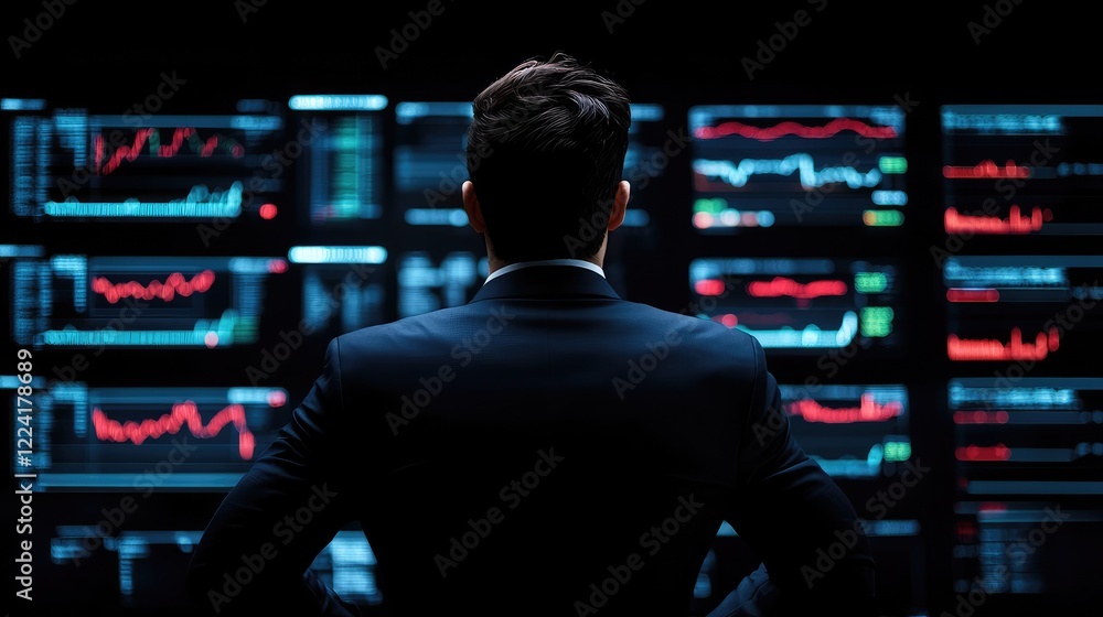 Poster business professional analyzing stock market data on multiple screens