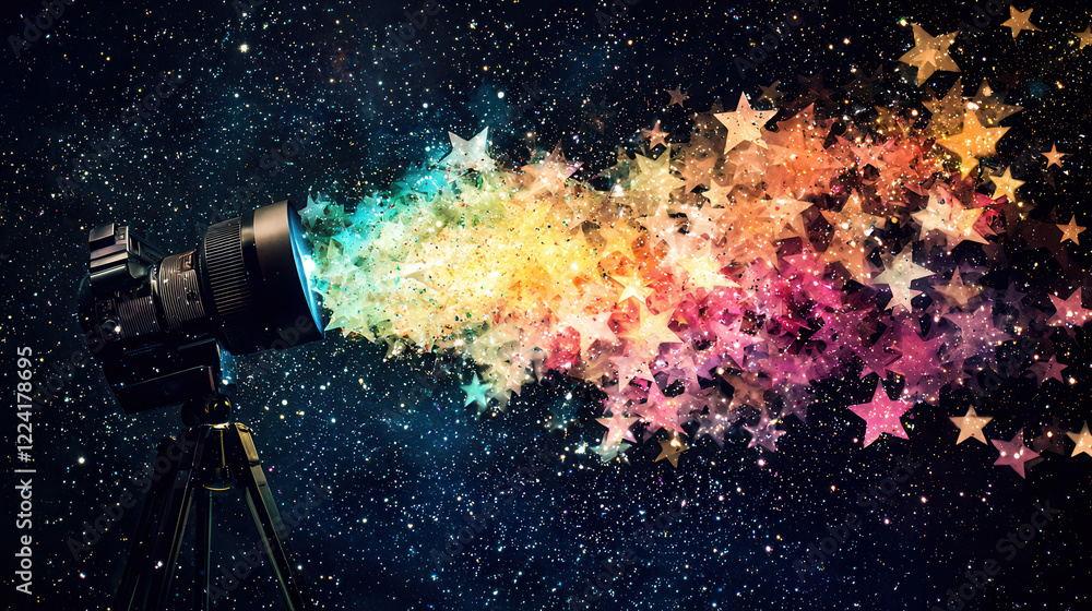Poster camera projecting colorful stars into cosmic background, creating magical atmosphere