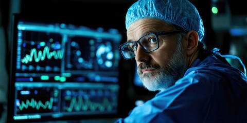 Male medical professional analyzing data on computer screen