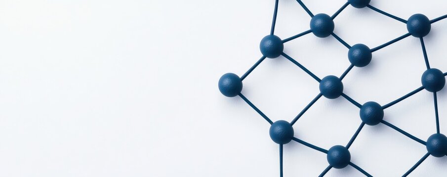 A geometric network structure with blue nodes and connections, symbolizing data or molecular frameworks against a minimalistic background.