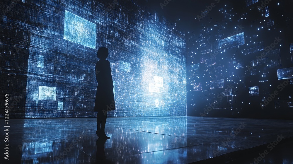 Poster silhouette of a person in a digital environment with data projections