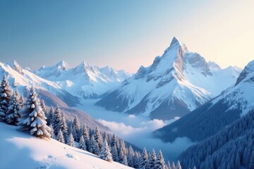 Softly falling snowflakes gently settle on serene mountain peaks, gentle snowfall, snowy mountains, serene mountains
