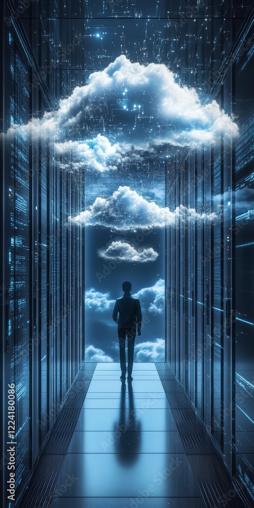 Poster futuristic data center concept with cloud integration and digital connectivity