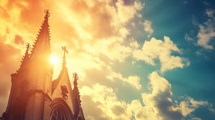 Fototapeta premium Dramatic Sunset Over Gothic Cathedral Spire with Vibrant Sky and Clouds : Generative AI