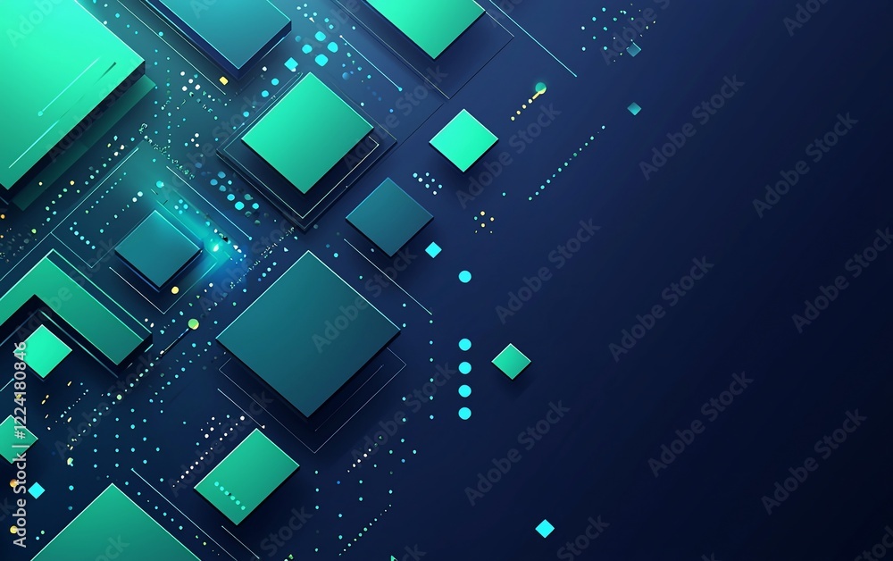 Poster abstract teal and blue technology background with squares and lines.