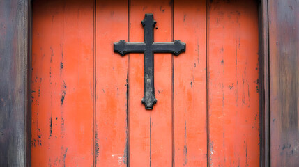 Rustic Wooden Church Door with Iron Cross Symbolizing Faith and Heritage : Generative AI