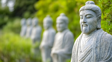 Fototapeta premium Statues of ancient sages in a lush garden setting symbolizing wisdom heritage and ancient philosophy : Generative AI