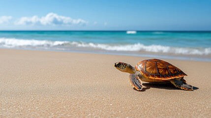 serene image of turtle slowly walking across sandy beach