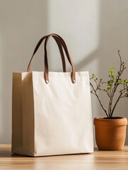 White bag with leather handles next to potted plant and branch shadows, in a minimalist setting.