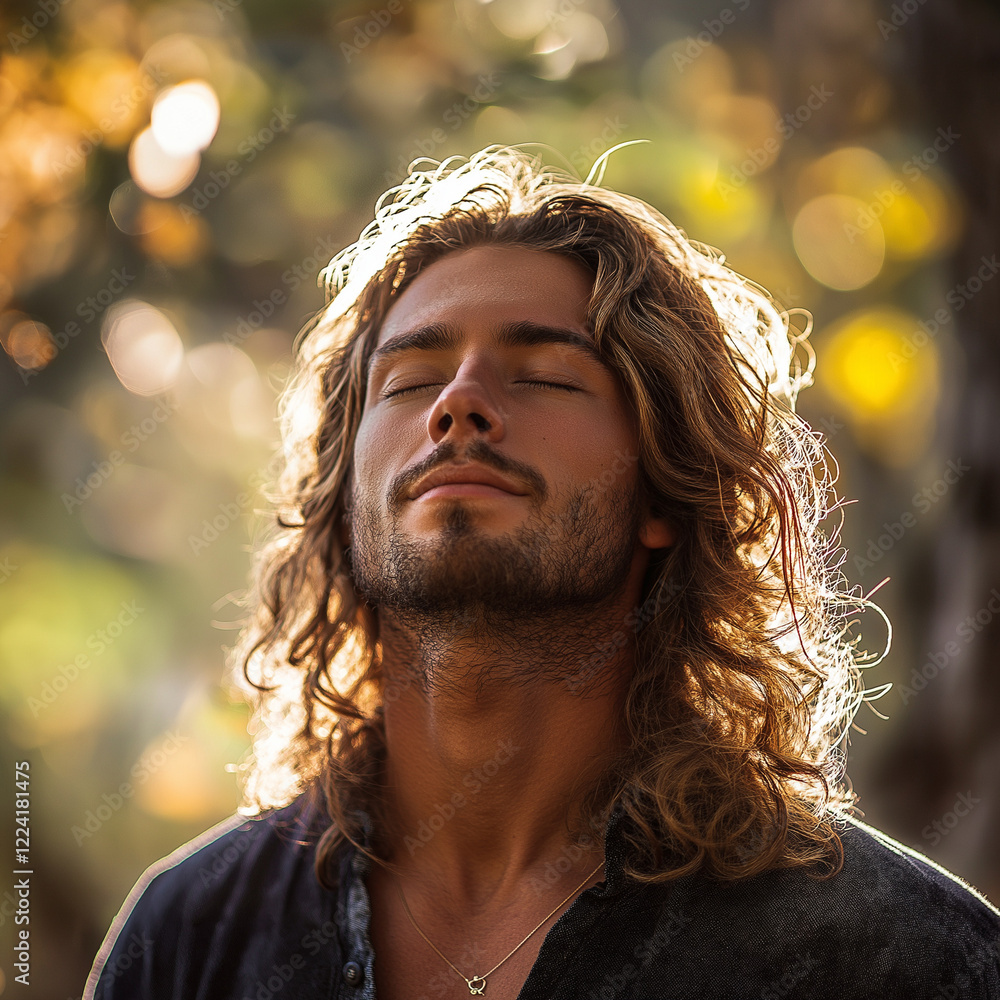 Wall mural Young man with long hair enjoying sun with closed eyes getting natural outdoors Peace of mind Mindfulness, mental health, spirituality unwind yourself