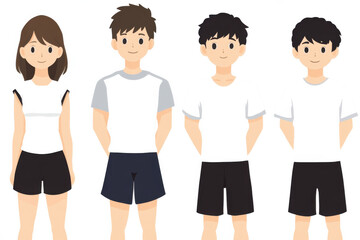 Fototapeta premium Four cartoon characters are standing in a row, with two of them wearing shorts