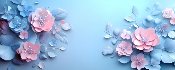 Pastel paper flowers, blue background, website header
