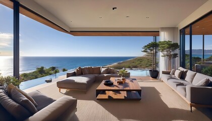 Fototapeta premium Modern oceanfront home with a sleek interior. Floor-to-ceiling windows showcase panoramic coastal views, blending luxurious living with natural beauty. Contemporary furniture complements the clean