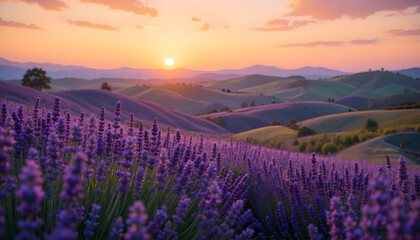 Fototapeta premium Sunset over rolling hills of lavender.