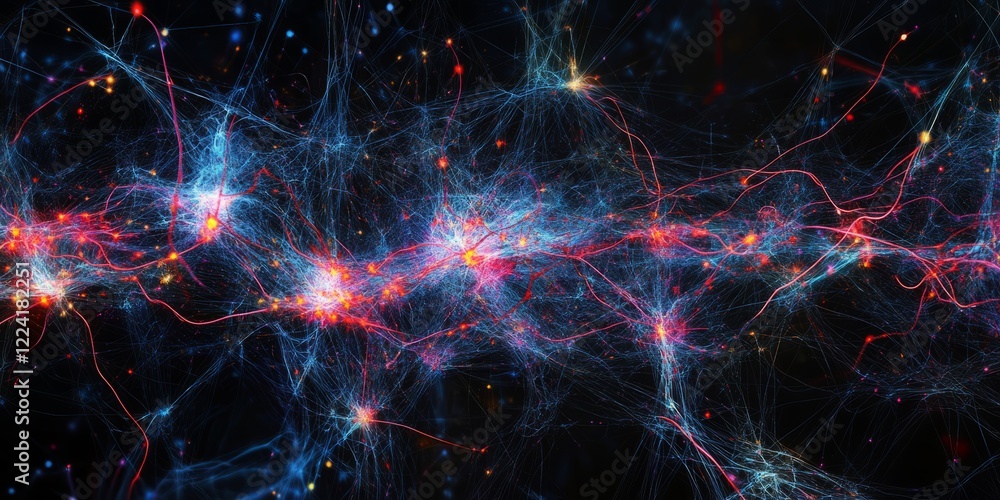 Poster abstract visualization of neural network connections in a digital web of glowing synapses