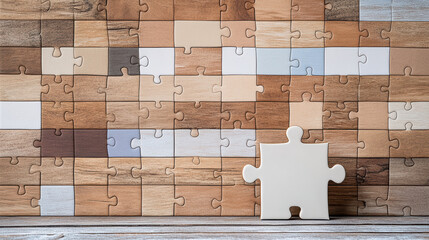 single golden jigsaw puzzle piece stands out among wooden pieces, symbolizing uniqueness