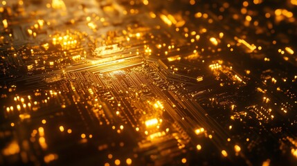 Naklejka premium Glowing golden circuit board, close-up view.