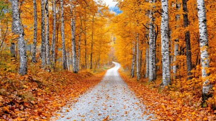 Fototapeta premium Autumnal gravel road through golden birch forest