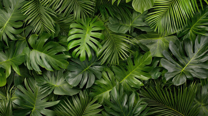 Lush green tropical foliage with various leaf shapes and textures