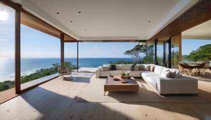 Fototapeta premium Modern oceanfront home with a sleek interior. Floor-to-ceiling windows showcase panoramic coastal views, blending luxurious living with natural beauty. Contemporary furniture complements the clean