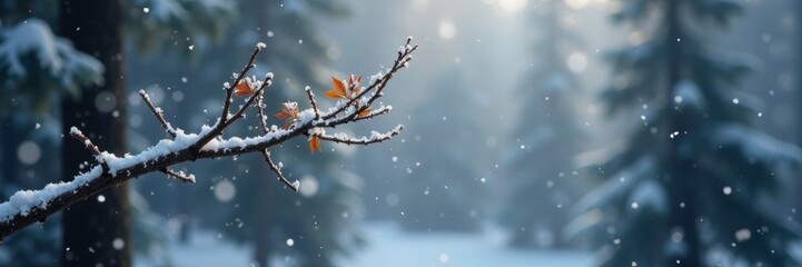 Obraz premium Softly falling snowflakes on a bare tree branch, quiet forest, peaceful atmosphere