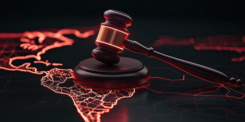 A gavel rests on a map illuminated with red lines, symbolizing law, justice, and global connections in the legal system.
