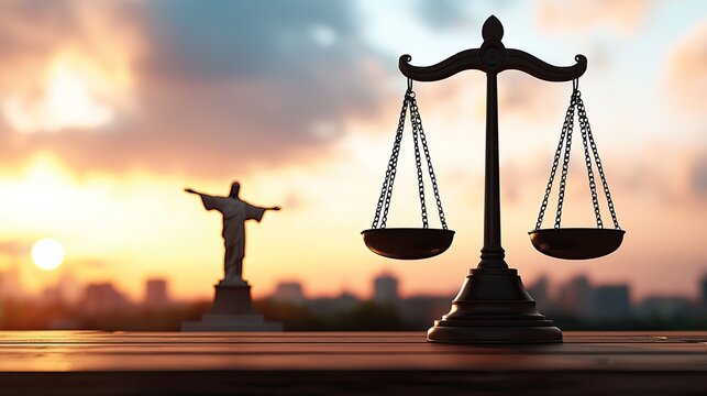 A silhouette of justice scales against a vibrant sunset, with a famous statue in the background, symbolizing balance and morality.