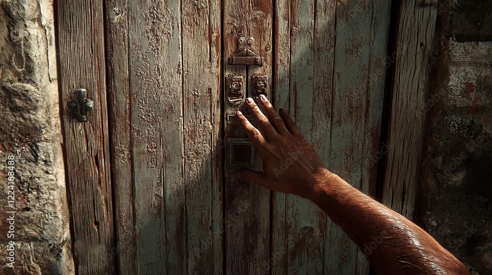 Poster weathered wooden door with hand touching surface in rustic setting highlighting texture and age