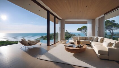 Fototapeta premium Modern oceanfront home with a sleek interior. Floor-to-ceiling windows showcase panoramic coastal views, blending luxurious living with natural beauty. Contemporary furniture complements the clean