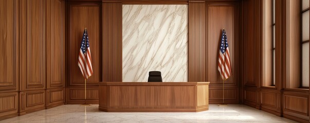 A formal courtroom setting featuring wooden paneling, a large marble wall, a judge's bench, and two American flags.