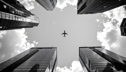 Airplane Flying Over City Skyscrapers Black and White Photo