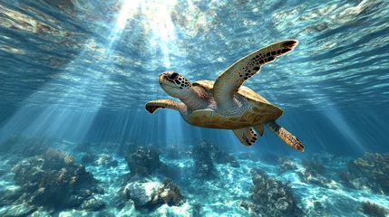 Fotobehang turtle swimming gracefully underwater with light rays illuminating scene © siraphol
