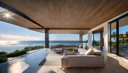 Fototapeta premium Modern oceanfront home with a sleek interior. Floor-to-ceiling windows showcase panoramic coastal views, blending luxurious living with natural beauty. Contemporary furniture complements the clean