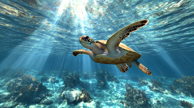 turtle swimming gracefully underwater with light rays illuminating scene