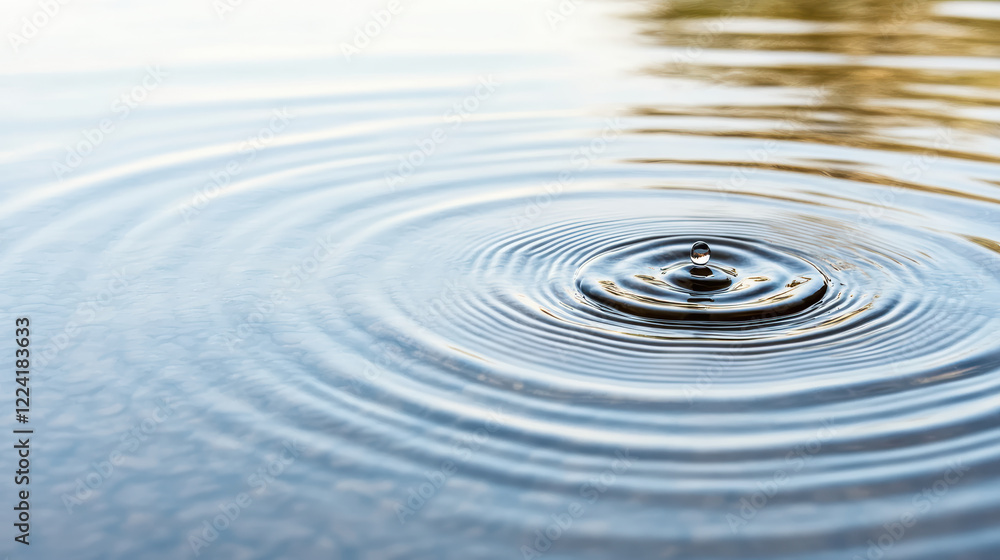 Wall mural water droplet creates ripples on calm water surface, evoking tranquility