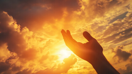 Hand Reaching Towards Vibrant Sunset Sky Evoking Spiritual Connection and Nature's Beauty : Generative AI
