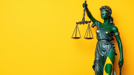 A green statue of Lady Justice holding scales against a bright yellow background, symbolizing law, equity, and impartiality.