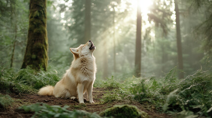 Naklejka premium wolf howling in serene forest clearing, surrounded by tall pine trees