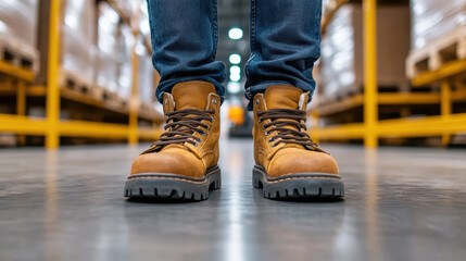 Obraz premium Work boots on warehouse floor, showcasing durability and safety
