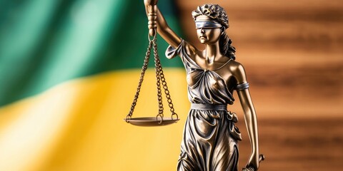 A statue of Lady Justice, blindfolded, holding scales, set against a green and yellow background, symbolizing fairness and the rule of law.