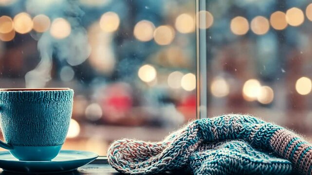 Warm cup of coffee beside a knitted scarf with city lights in the background during a cozy evening