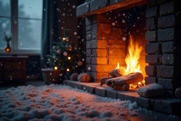 Softly falling snowflakes on a crackling fireplace, cozy, quiet, calm
