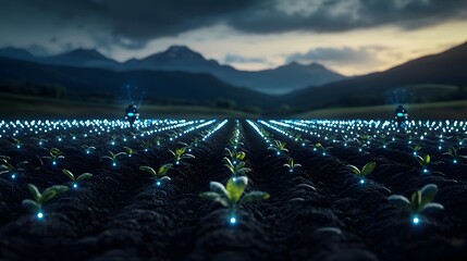 Fototapeta premium Futuristic Agricultural Technologies for Controlled Seed Dispersing in a Serene Mountain Landscape
