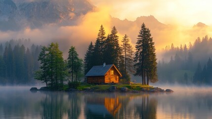 Fototapeta premium Sunrise cabin lake, misty mountains, calm