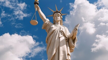 Obraz premium A majestic statue of Lady Justice holds scales and a sword, symbolizing law and order against a backdrop of blue skies and fluffy clouds.