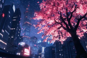 Obraz premium Fantasy Japanese Night Cityscape with Neon Pink Lights and Sakura Tree / 3D illustration Of City at Night.