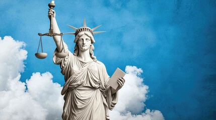 A majestic statue holding scales of justice against a bright blue sky, symbolizing freedom, democracy, and law.