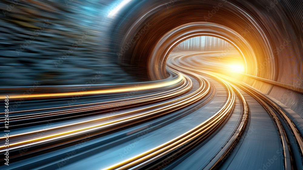 Poster dynamic view of tunnel with streaks of light and curved tracks