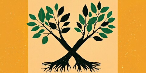 A stylized illustration featuring two trees with intertwining roots and lush green leaves, set against a warm, golden background.